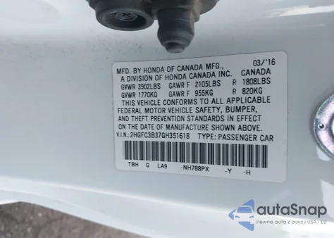 2016 Honda Civic Ex-T из США, поврежденный, VIN 2HGFC3B37GH351618